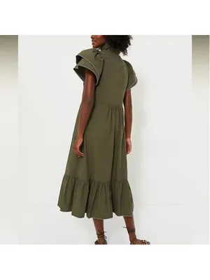 Tuckernuck Olive Green Alice Button Front Midi Dress Collar V Neck Scallop S thumbnail 6
