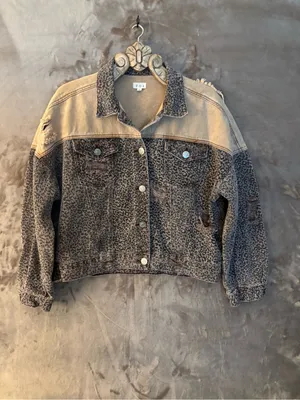POL Two-Tone Leopard Print Denim Jacket in Brown/Tan Women’s Size L thumbnail 7