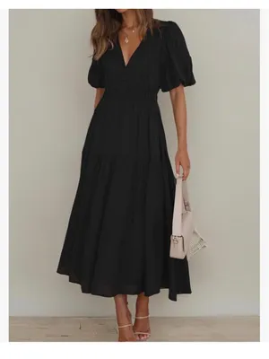 NEW Short Puffy Sleeve V Neck A-Line Flowy Wrap Wedding Guest Lined Dress S thumbnail 11