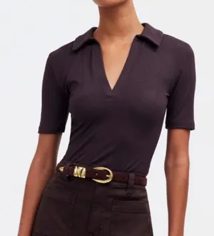 Madewell Drapey Rib Short Sleeve Polo Shirt Top Chocolate Brown XS thumbnail 1