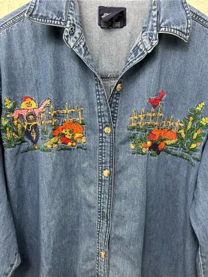VTG 90’s Solution Originals Embroidered Fall Scene Denim Button Up Shirt Size L thumbnail 9