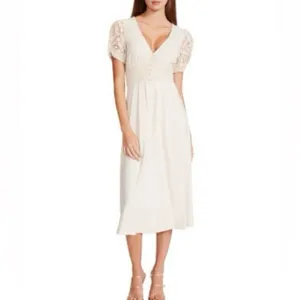 Betsey Johnson Mosaic Lace Puff-Sleeve Midi Dress Crochet Back Cream Sm JL408532 thumbnail 3
