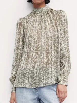 H&M Floral Pleated Mock Neck Blouse Green Cream Large Sheer Satin Office Boho thumbnail 2