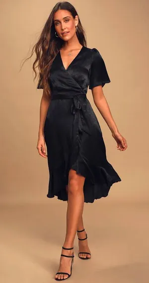 Lulus Wrapped Up In Love Black Satin Faux-Wrap Midi Dress thumbnail 1