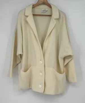 Vintage‎ Cream Knit Blazer Jacket 3 Button Pockets Collar Size Grandmacore Boxy thumbnail 1
