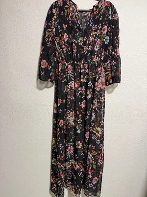 ECI New York Womens Black Floral Smocked Bell Sleeve Maxi Dress Size‎ S thumbnail 5