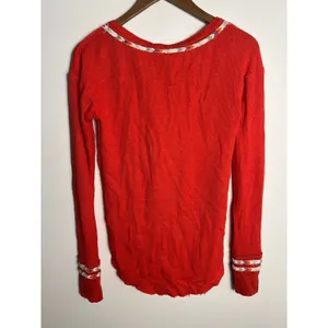 XS‎ Free People We The Free Red Waffle Knit Henley Embroidered Thermal Top thumbnail 3