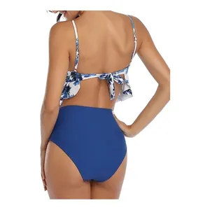 Blue Palm Tree Ruffle Bikini Set High Waisted Swimsuit‎ Womens Size Medium NEW thumbnail 2