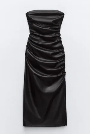 ZARA Faux Leather Strapless Black Dress NWT Size XS Midi Side Slit Zip Slimming thumbnail 14
