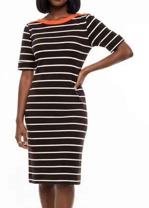 LAUREN Ralph Lauren Striped 100% Cotton Dress Large Brown White Orange‎ Trim thumbnail 1