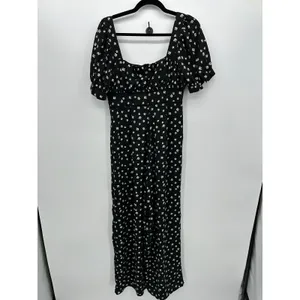 Lulus Black Floral Milkmaid Jumpsuit Sz M Puff Sleeve Wide‎ Leg Square Neck thumbnail 2