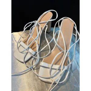 White Lace Up Block Heel Sandals Square Toe Strappy Wrap Around Size 41 Womens thumbnail 6