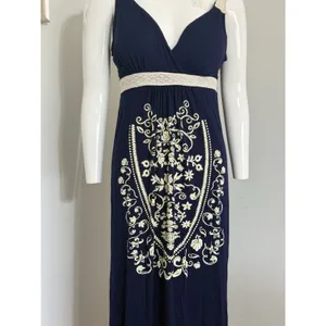 Women’s Blue Maxi Dress Size M Padded Lace Accents Embroidered Boho Cottagecore thumbnail 3