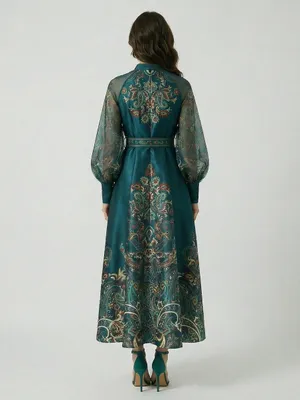 NWT DALIA MACPHEE Long Sleeve Mock Neck Printed Maxi Dress Small Belted Green thumbnail 4
