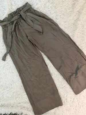 Olive Green Paper Bag Wide Leg Pants Medium Elastic Waist Tie Front thumbnail 1