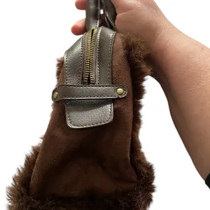 EUC Vintage Y2K Chocolate Brown Faux Fur and Suede Women's Satchel Handbag thumbnail 3