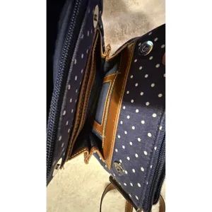 Chaps Navy Blue Polka Dot Crossbody Bag Brown Trim Canvas Small Messenger Purse thumbnail 10