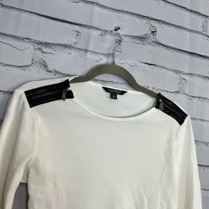 Vintage Lauren Ralph Lauren Zip Shoulder Ribbed Top White Y2K Preppy Streetwear thumbnail 3