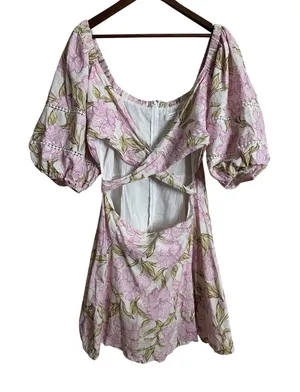 Amalie the Label Linen Blend Floral Puff Sleeve Crossover Cutout Mini Dress 16 thumbnail 1