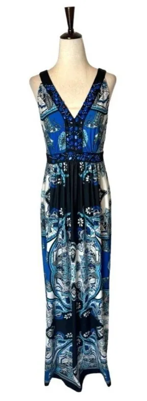 Eci New York Dress Womens 6 Blue And Black Paisley‎ Beaded V Neck Tie Back Maxi thumbnail 1