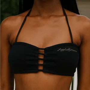 Apple Bottoms Y2K Black Ribbed Knit Bandeau Cutout Halter Crop Top Tube Top thumbnail 1