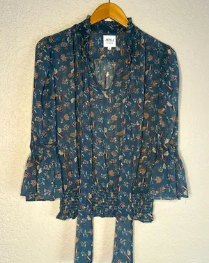 Misa NEW Revolve Blue Sheer Top Girly Feminine Coquette Preppy Floral Neck Tie thumbnail 1