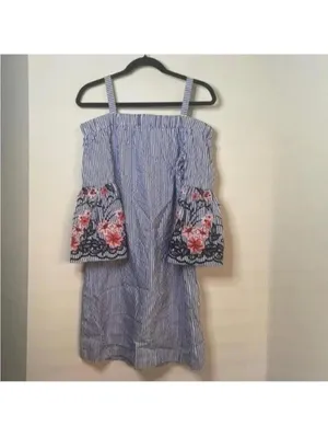 J Howard Blue and White Striped Off The Shoulder Flared Sleeve Dress Floral thumbnail 4