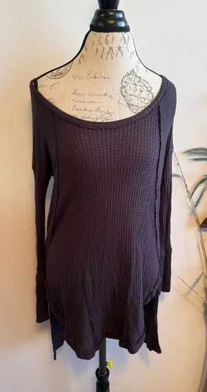 Free People Women Purple Waffle Knit Thermal Tunic Scoop Neck Long Sleeve Small‎ thumbnail 1