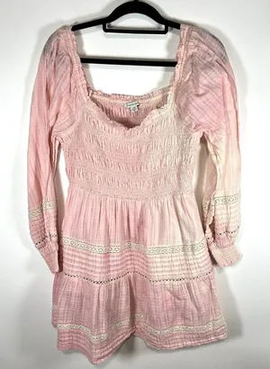 American Eagle Womens Pink‎ Tie Dye Smocked Ruffle Cotton Long Sleeve Dress L thumbnail 1