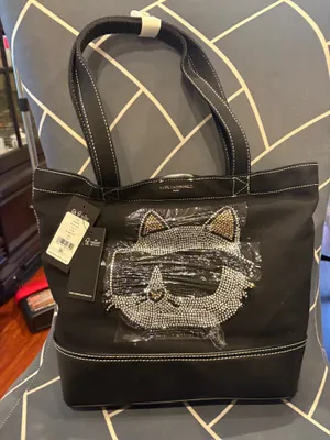 Karl Lagerfeld Black Tote with Rhinestone Cat Motif thumbnail 1