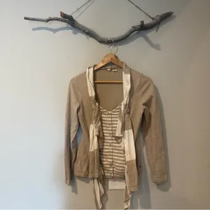 Anthropologie Moth Yemaya Draped Tan and White Sweater Cardigan thumbnail 2