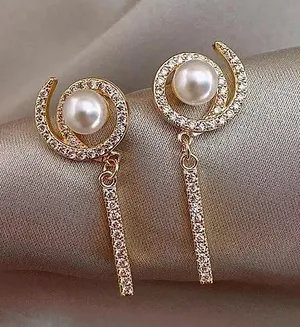 Crystal Tassel Pearl Beaded Stud Drop Earring Gold thumbnail 1
