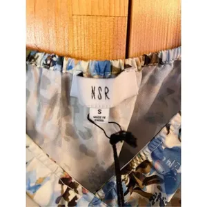 NSR Puff Sleeve Smocked Mini Dress Satin Short Ivory Blue Floral Size Small nwt thumbnail 5