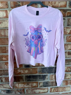 Gildan Light Pink Crop Long-Sleeve Tee with Rainbow Ghost Graphic thumbnail 1