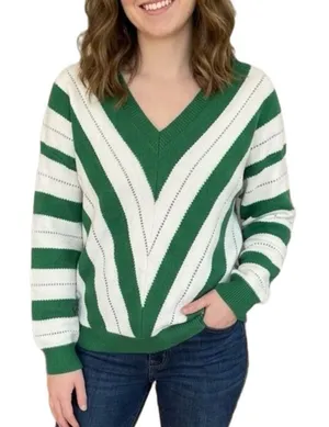 Pretty Garden size S green and white V neck sweater thumbnail 1