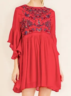 UMGEE Red Floral Embroidered Dress Size XL Women’s Boho Babydoll thumbnail 1
