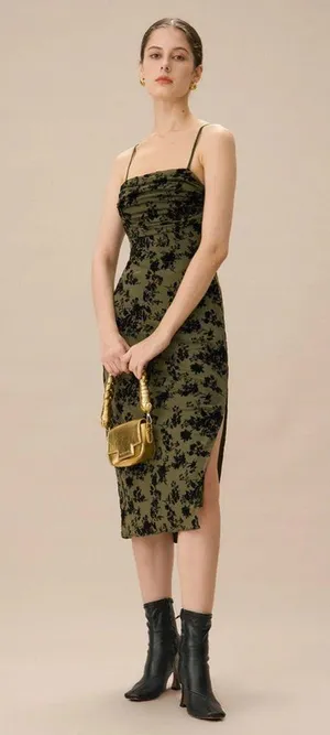 Rihoas Green Jacquard Ruched Slit Midi Dress thumbnail 3
