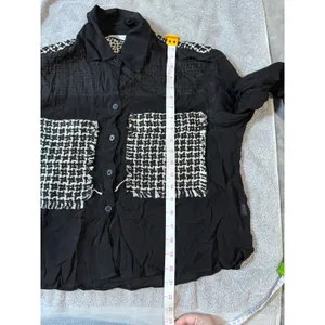 ZARA Black Sheer Blouse Black White Cream Tweed Pockets Button Up‎ Size Medium thumbnail 6