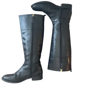 Tory Burch Kiernan Black Leather Riding Boots Gold Logo Knee High 7 thumbnail 5
