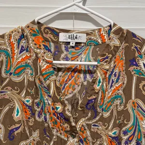 Tibi 100%‎ Silk Paisley Mini Dress Women 4 Brown Orange Ruffle Sleeve Boho Y2k thumbnail 3