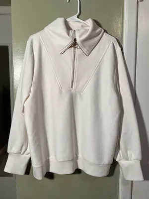 Merokeety Women's Size Large Quarter Zip V Neck Collar Ribbed Sweatshirt Cream thumbnail 2