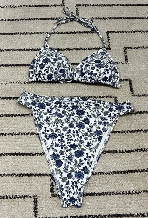Abercrombie & Fitch High Rise White Bikini Top with Blue Floral Print thumbnail 1