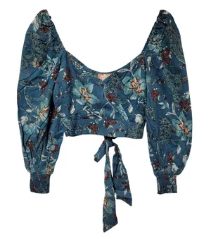 Band of the Free Floral Milkmaid Crop Top Womens Size XS Teal Boho‎ Puff Sleeve thumbnail 1
