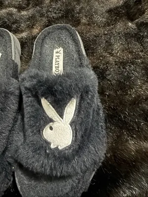 Playboy Bunny Shaggy Slippers Black Faux Shoes S 6.5 - 7.5 thumbnail 3