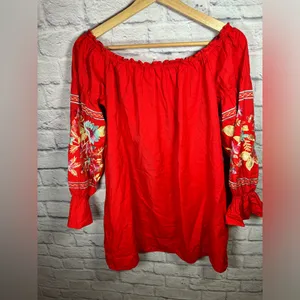 Free People Red Fleur Du Jour off the shoulder embroidered floral dress‎ small thumbnail 8
