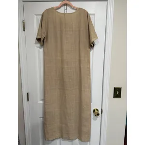 Vintage 90s Coastal‎ Linen Seashell Maxi Dress Tan thumbnail 6