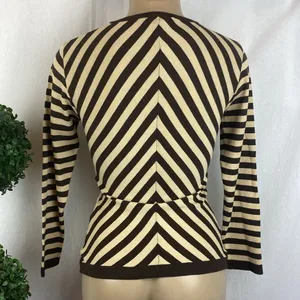 Rene Lezard Brown & Tan Chevron Striped V Neck Long Sleeve Knit Shirt Top XS thumbnail 3