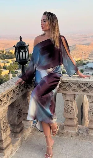 Zara midi dress layered tie dye Multicolor One-Shoulder satin evening wedding thumbnail 8