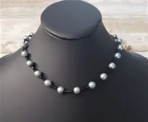 Vintage Necklace - Silvery Blue Faux Pearl & Beaded Necklace thumbnail 1
