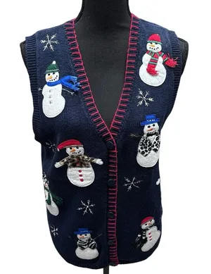 Vintage Capacity‎ Sweater Vest Medium Christmas Snowman Holiday Blue thumbnail 1
